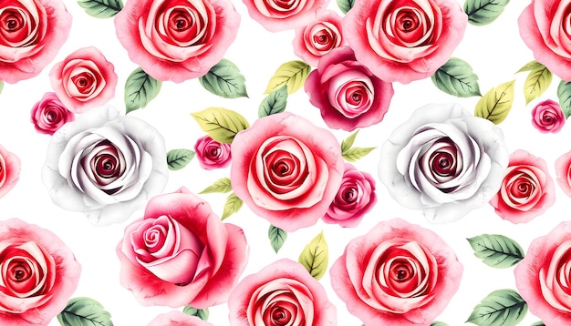 Seamless pattern with watercolor roses flowers isolated with white highlights