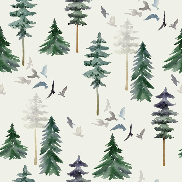 Seamless pattern with watercolor trees and birds