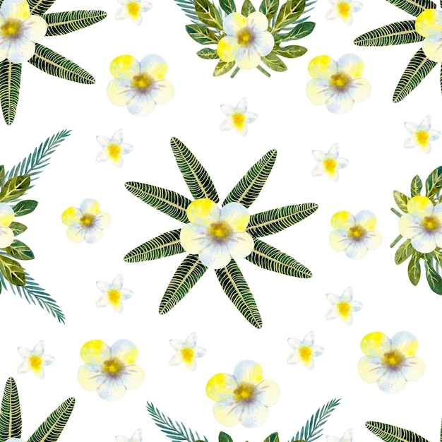 Seamless pattern with watercolor tropical leaves and flowers