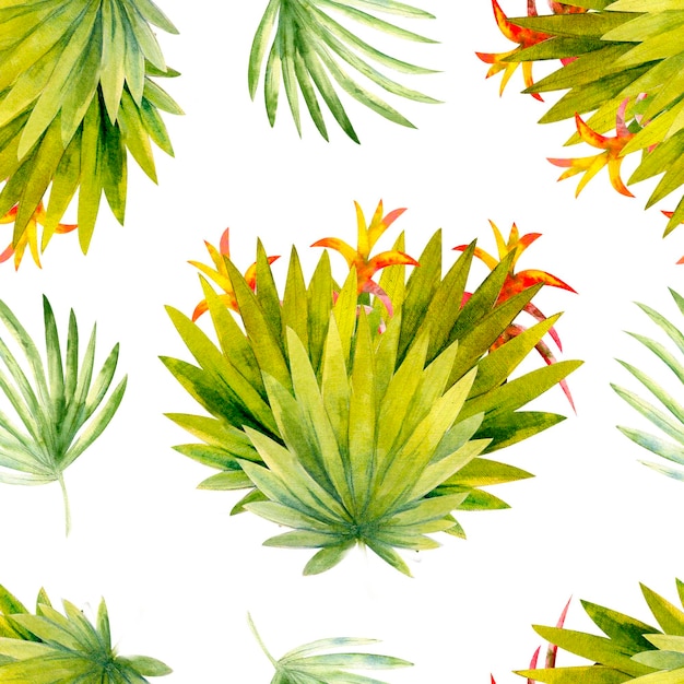 Seamless pattern with watercolor tropical leaves and flowers