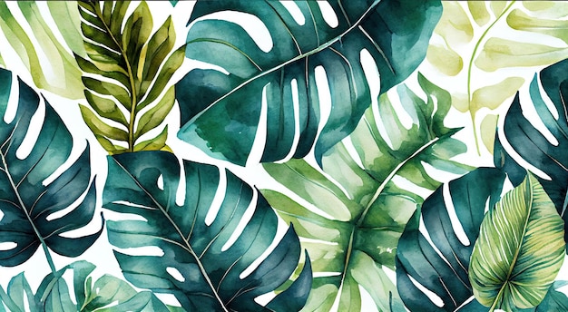 Seamless Pattern with Watercolor Tropical Leaves with Generative AI Technology