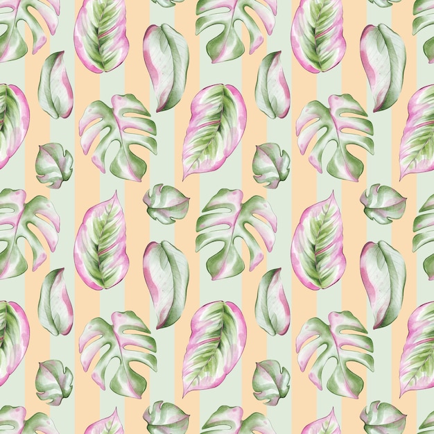 Seamless pattern with watercolor tropical leaves