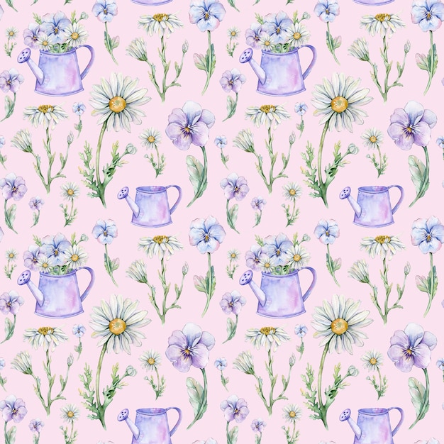 Seamless pattern with watercolor watering pots and flowers