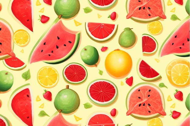 Seamless pattern with watermelons berries and flowers