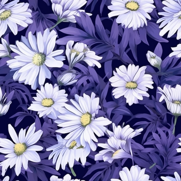 A seamless pattern with white and blue flowers on a dark blue background.