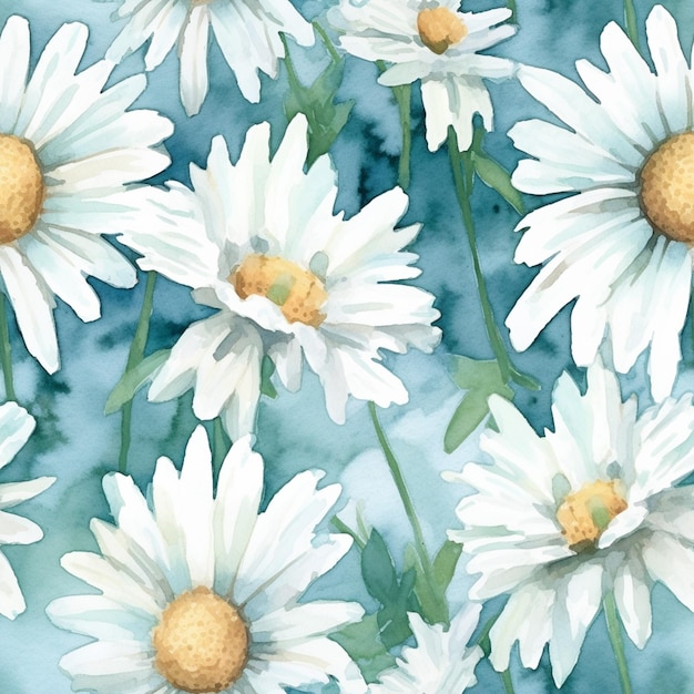 A seamless pattern with white daisies on a blue background.