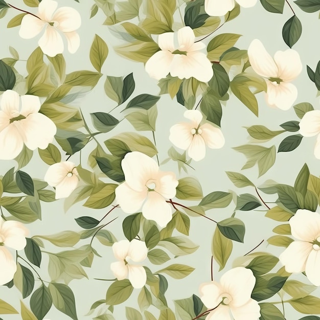 Seamless pattern with a white flower on a light green background.