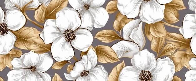 Seamless pattern with white flowers on a gray background.