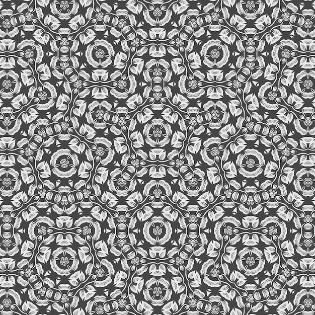 Seamless pattern with white and gray mandala on a black background.