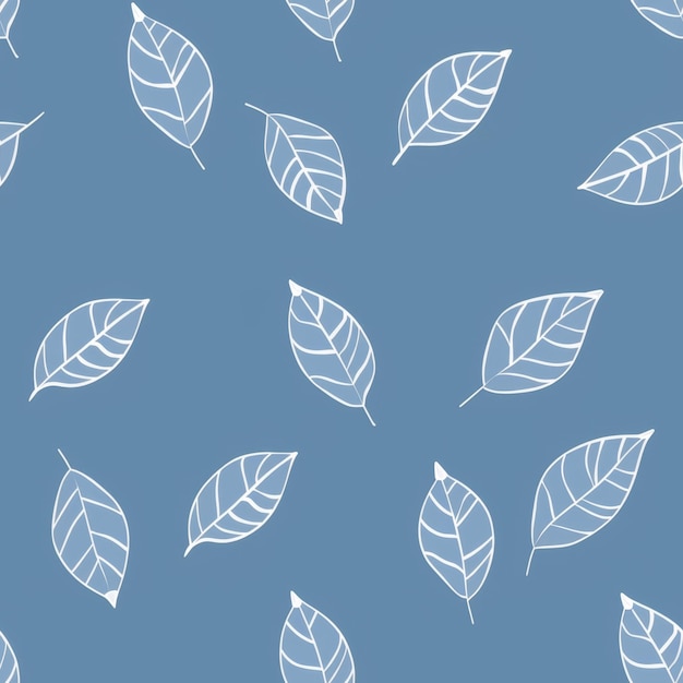 Seamless pattern with white hand drawn leaves on blue background Nature floral spring summer autumn fall theme for textile fabric wallpaper wrapping paper