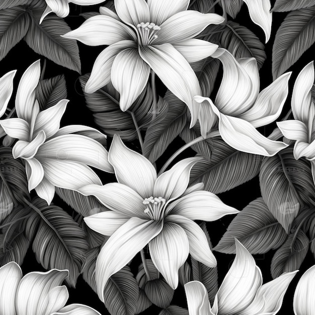 Seamless pattern with white lilies on a black background.