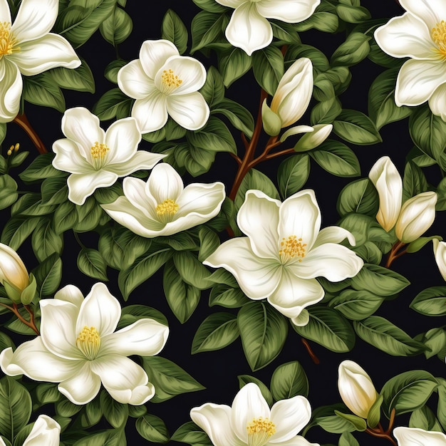 Seamless pattern with white magnolia flowers on black background