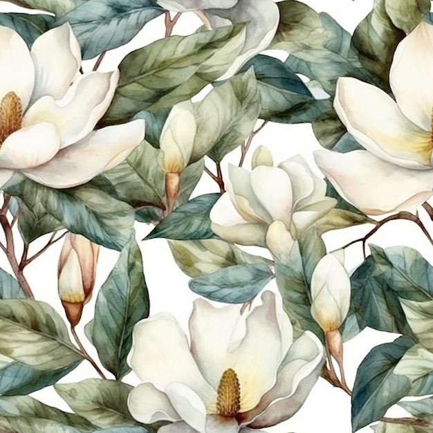 seamless pattern with white magnolia flowers on a white background watercolor illustration