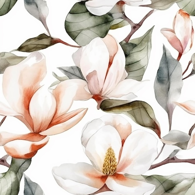 A seamless pattern with white magnolia flowers on a white background