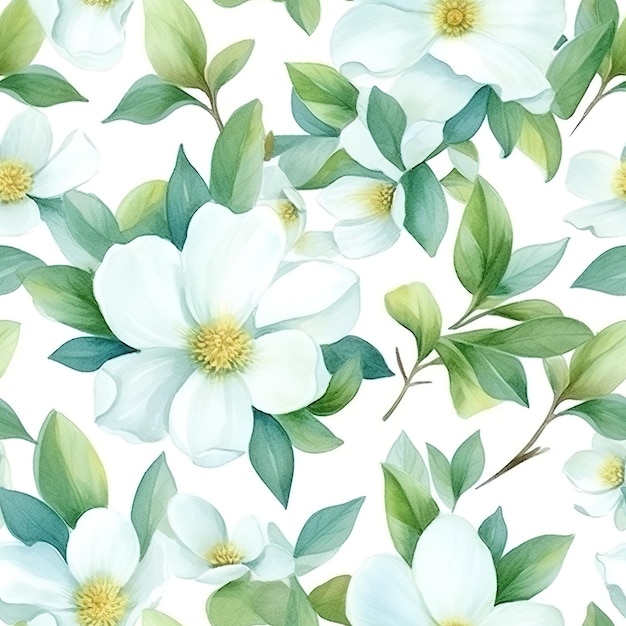 Seamless pattern with a white magnolia flowers on a white background.