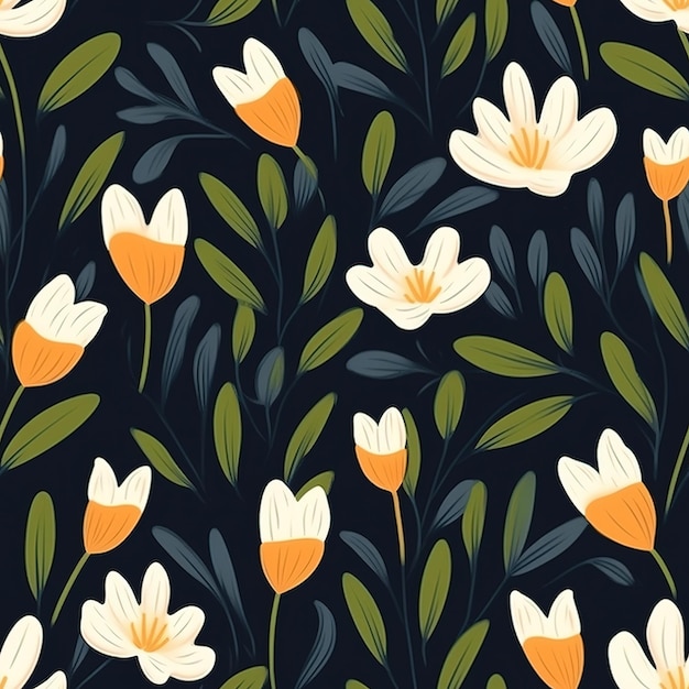 Seamless pattern with white and orange flowers on a dark background.