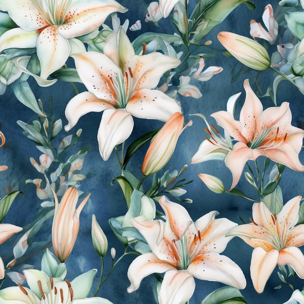 A seamless pattern with white and orange lilies on a blue background.