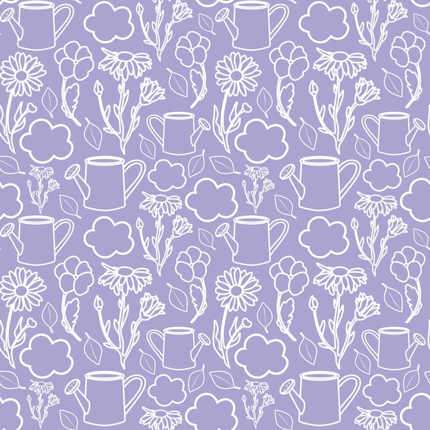 Seamless pattern with white vector watering pots flowers and clouds