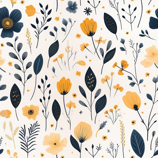 Photo a seamless pattern with yellow and blue flowers and leaves on a white background