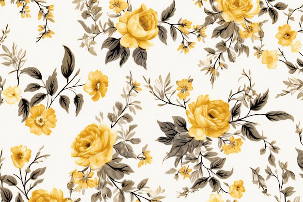 Seamless pattern with yellow roses and leaves on white background Handdrawn illustration