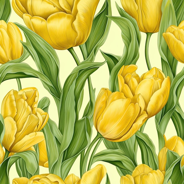 Seamless pattern with yellow tulips on a light background