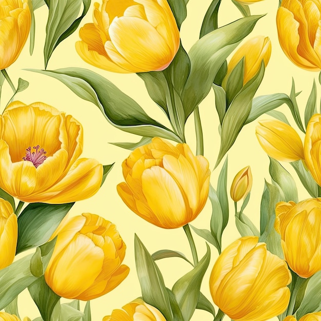 Seamless pattern with yellow tulips on a light background