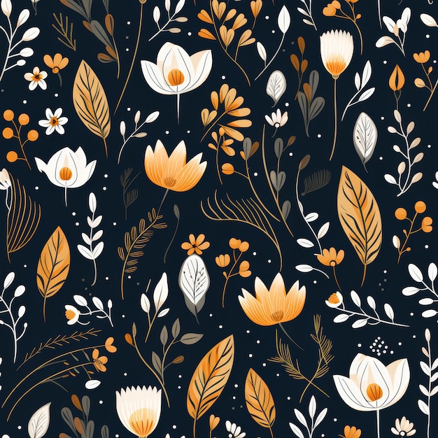 Photo seamless pattern with yellow white and brown floral elements on a dark blue background