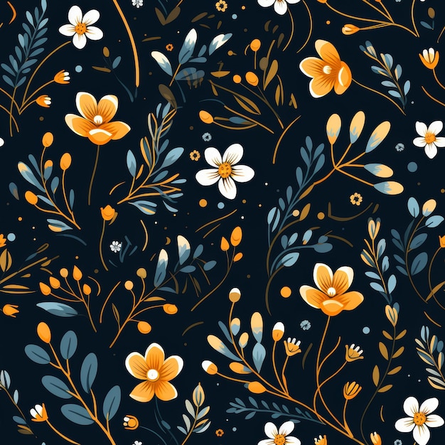 Photo seamless pattern with yellow and white flowers on a dark background