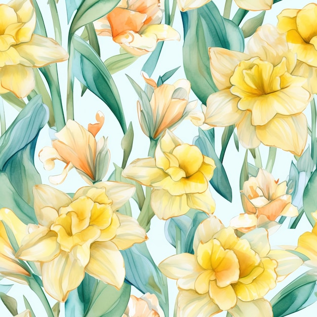 A seamless pattern of yellow daffodils with green leaves on a blue background.