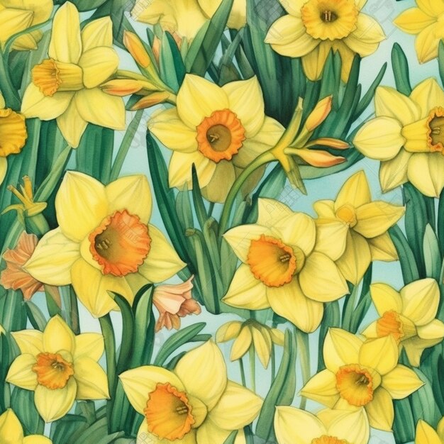 A seamless pattern of yellow daffodils with green leaves and the word daffodils on a blue background.