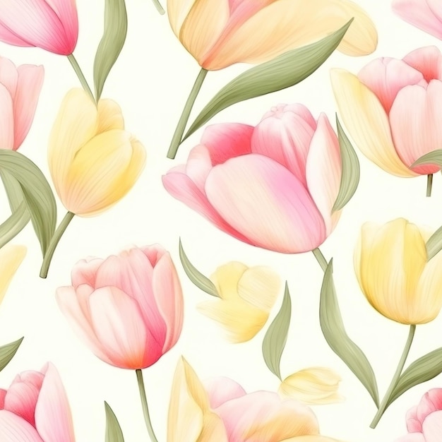 A seamless pattern of yellow, pink and yellow tulips with green leaves on a white background.