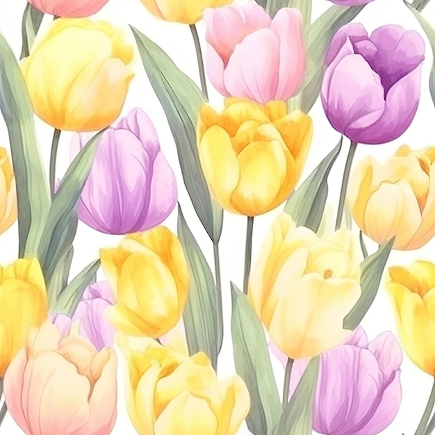 A seamless pattern of yellow, purple, and pink tulips with the words tulips on the bottom.