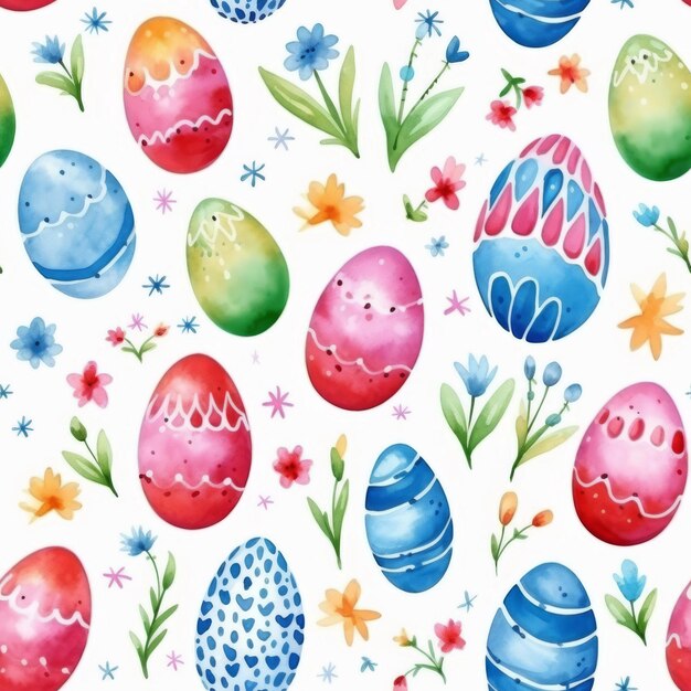 Seamless patterns of watercolor Easter painted eggs with pattern