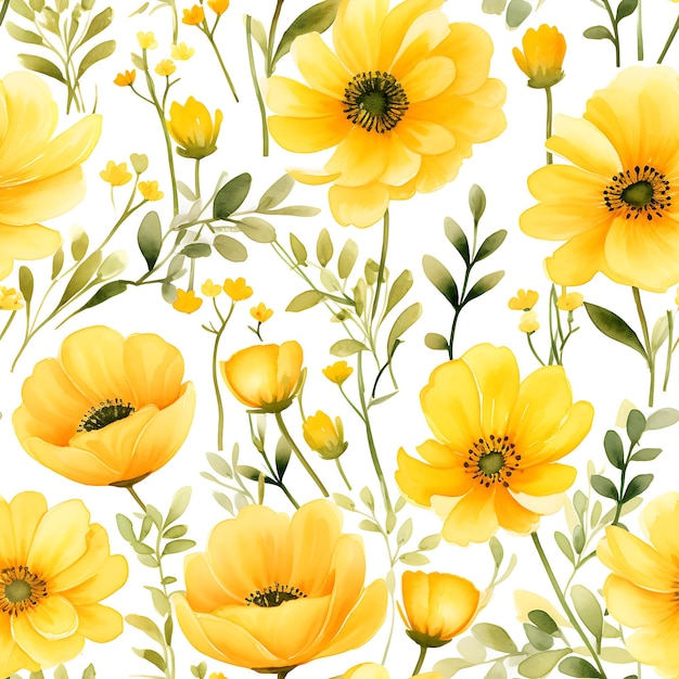 Seamless patterns of watercolor yellow flowers