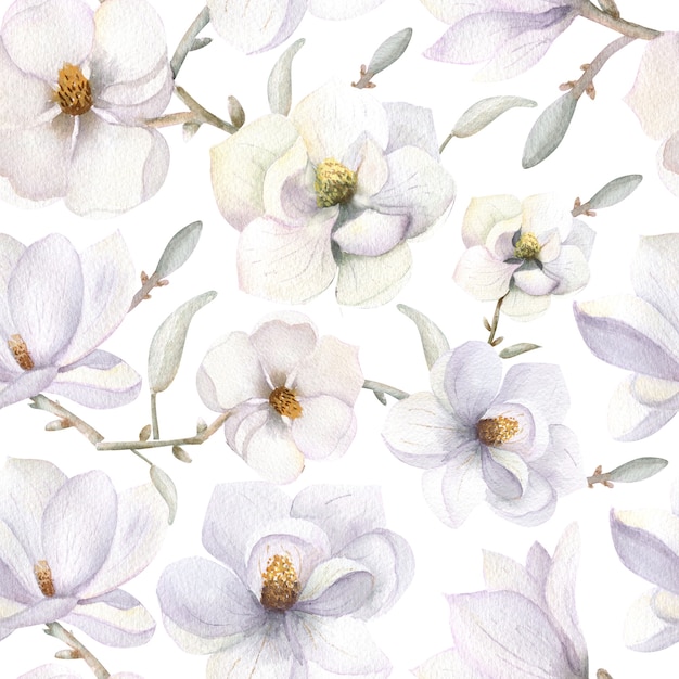 Seamless patterns with magnolia flowers in boho style on a white isolated background. Watercolor illustration.