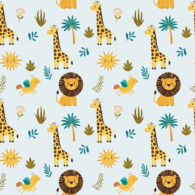 Photo seamless pencil pattern with flowers and birds giraffe lion children pattern illustration