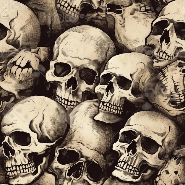 Seamless Pile of Skulls in a HandDrawn Grungy Look Illustration