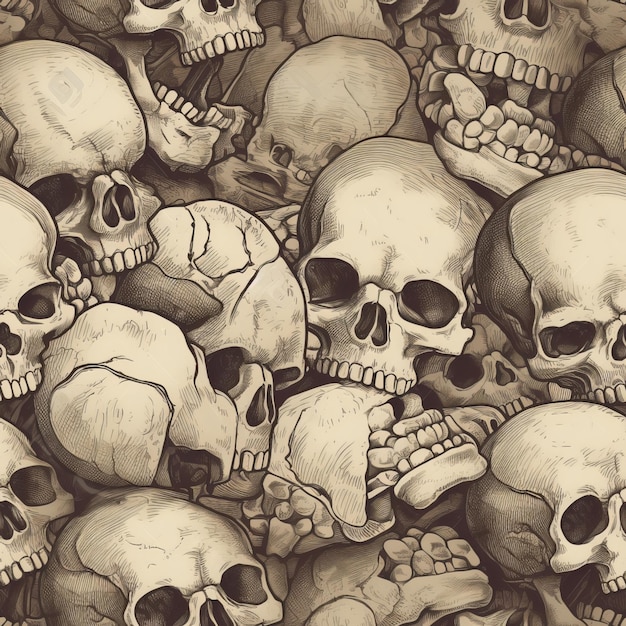 Seamless Pile of Skulls in a HandDrawn Grungy Look Illustration