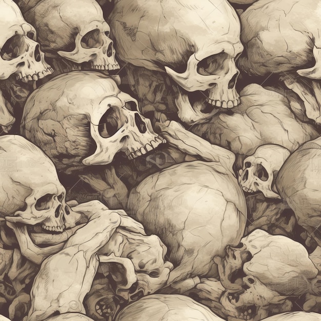 Seamless Pile of Skulls in a HandDrawn Grungy Look Illustration