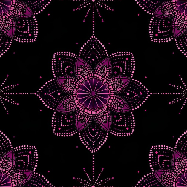 Seamless Pink Mandala Pattern on Black Background