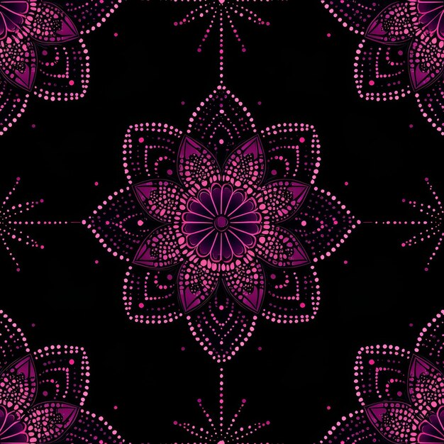 Photo seamless pink mandala pattern on black background