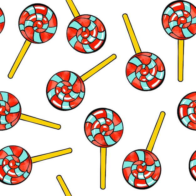 Seamless raster pattern of candy lollipop in a round shape on a stick on a white isolated background