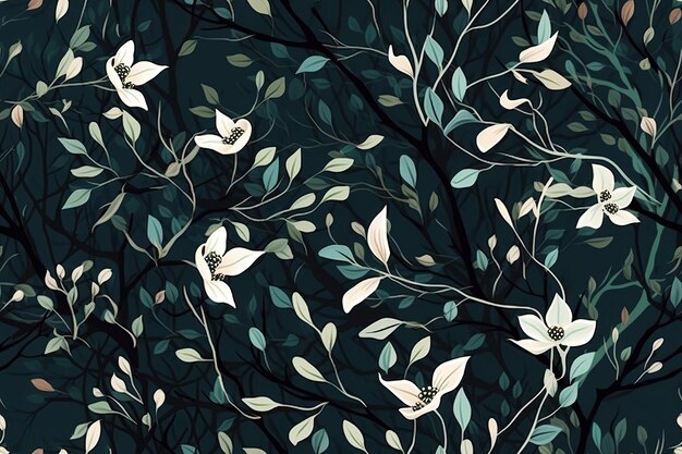 Seamless repeating pattern of branches and leaves on a green background Generative AI illustration