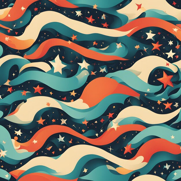 Photo a seamless retro pattern featuring colorful abstract waves and scattered stars