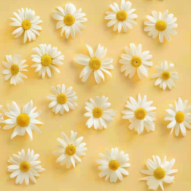 Seamless summer pattern of chamomile on a yellow background The daisies are arranged chaotically