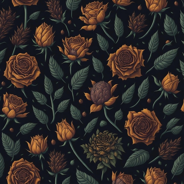 Seamless summer wild roses and leaves patterns with dark background