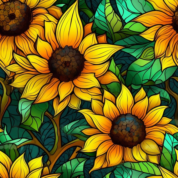 Seamless sunflowers with leaves and stems in a stained glass pattern generative ai