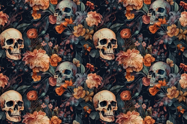 Seamless texture skulls with flowers on dark background Generative AI illustration