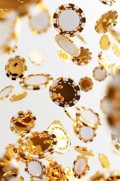 Photo seamless texture with falling golden defocused blur elements and white and gold casino chips white