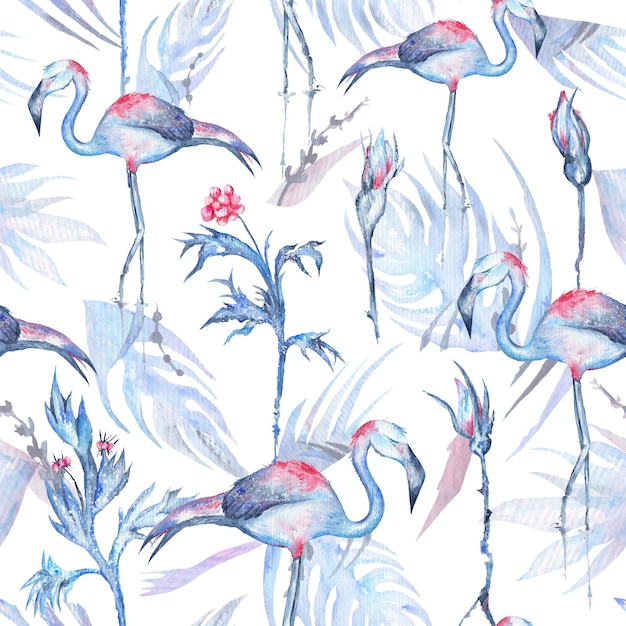 Seamless texture with frosty blue tropical plants flowers and birds on white background for textile and wallpaper design